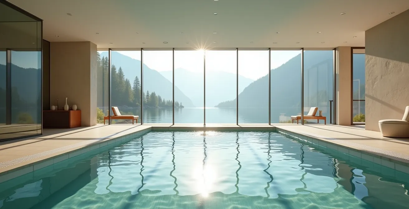 Vue intérieure d'un spa avec grandes baies vitrées donnant sur le lac et jeux de lumière naturelle