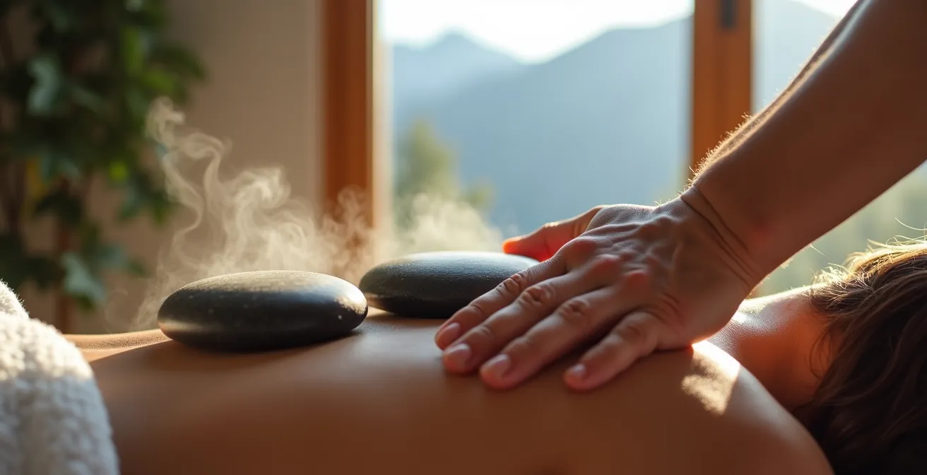 Gros plan sur des mains expertes effectuant un massage aux pierres chaudes avec vue floue sur les montagnes