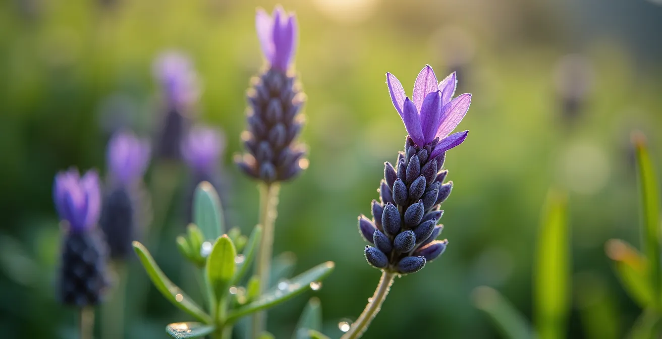 Vue macro de plantes alpines fraîches utilisées en cosmétique avec gouttelettes de rosée