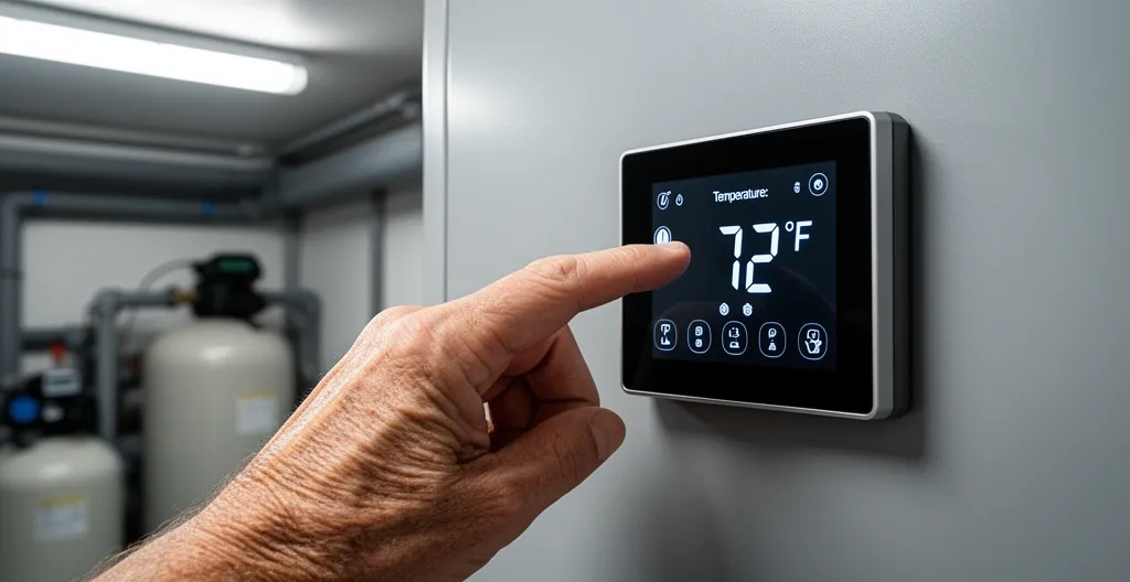 Main ajustant la température sur écran tactile de pompe à chaleur