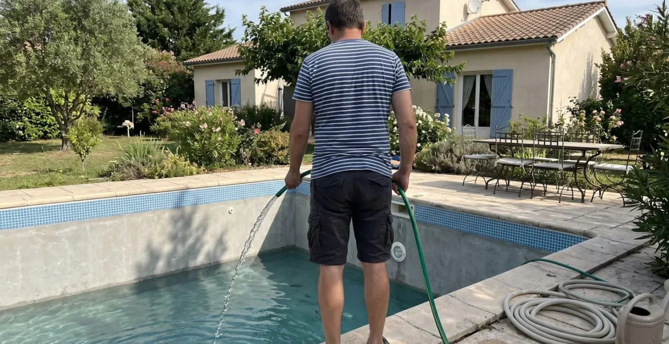 Personne de dos remplissant une piscine avec un tuyau d'arrosage, niveau d'eau légèrement bas visible