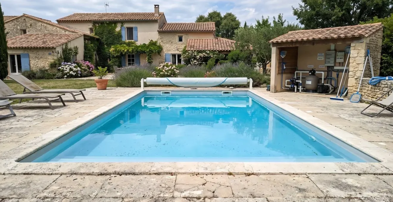 Piscine enterrée avec plage en pierre naturelle et local technique dans un jardin résidentiel français