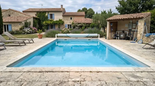 Piscine enterrée avec plage en pierre naturelle et local technique dans un jardin résidentiel français